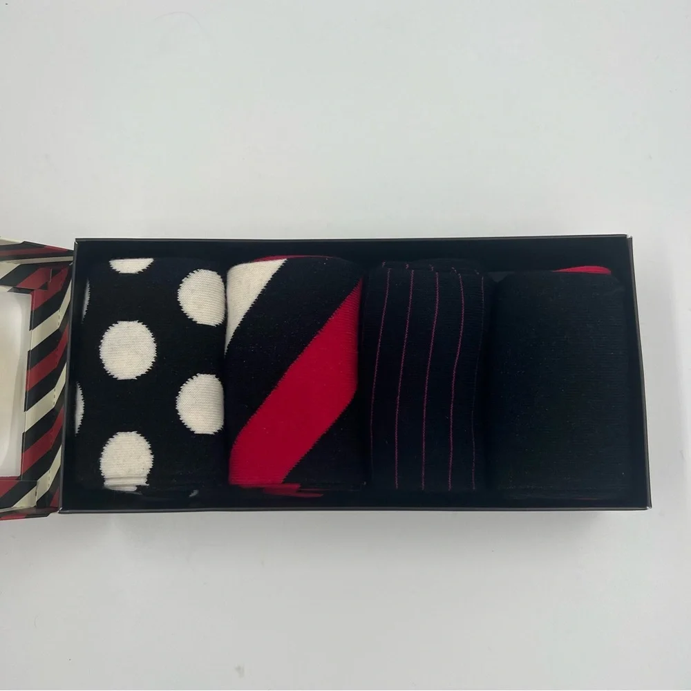 NEW Happy Socks Four Pair Pack (10-13) Red/White/Black Stripe Polka Dots
